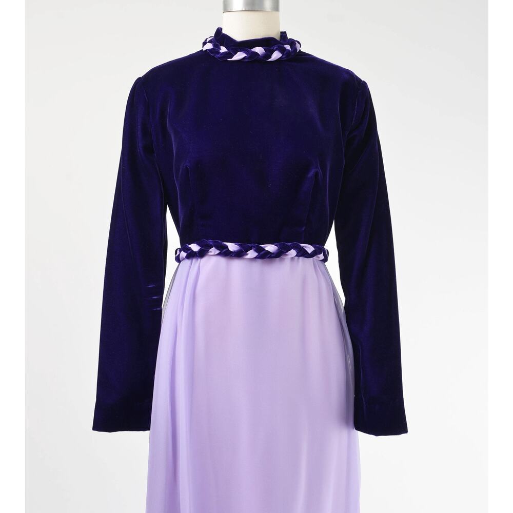 Vintage 60s Purple Formal Sheer Chiffon and Velvet Mod Retro Maxi Dress M L